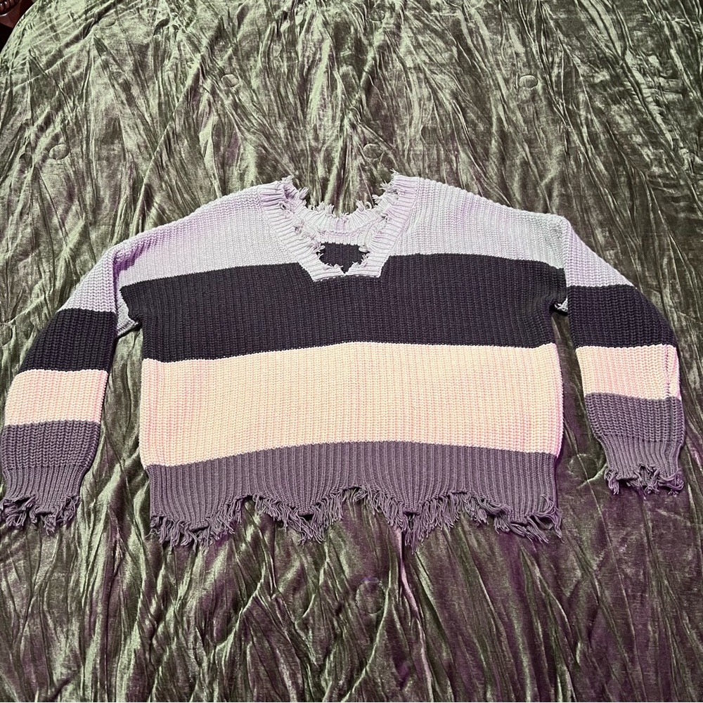 Striped Frayed Hem Sweater